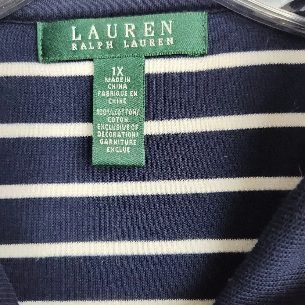 Lauren Ralph Lauren Full-Zip Women's Sweater Jacket, 1X, Navy‎ w/ White Stripes